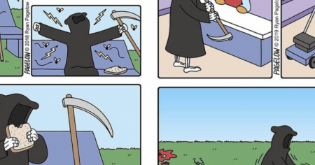 La faucheuse transformée en personnage comique dans ces BD