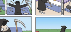 La faucheuse transformée en personnage comique dans ces BD