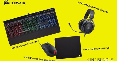 À peine 100 euros le pack gaming Corsair Essential (casque HS50 ,clavier K55, souris Harpoon Pro, tapis MM100)