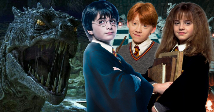 Harry Potter (Daniel Radcliffe), Ron Weasley (Rupert Grint) et Hermione Granger (Emma Watson)