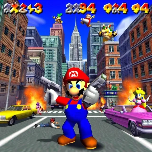 Mario avec deux revolvers dans les mains