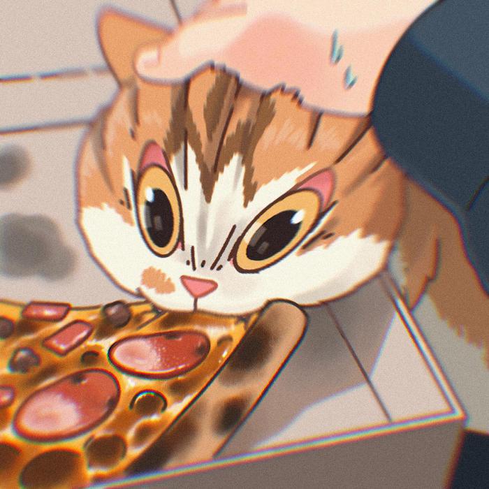 un chat qui mange une pizza version cartoon