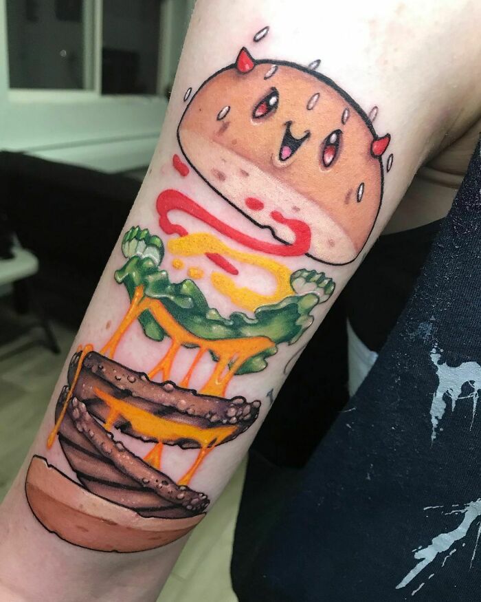 tatouage de burger décomposé