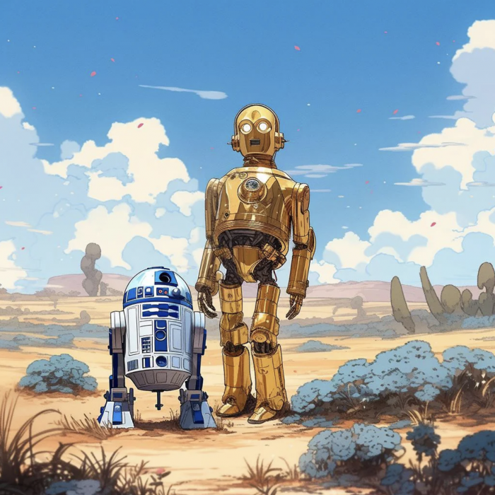 C3-PO et R2-D2 de Star Wars en version Ghibli