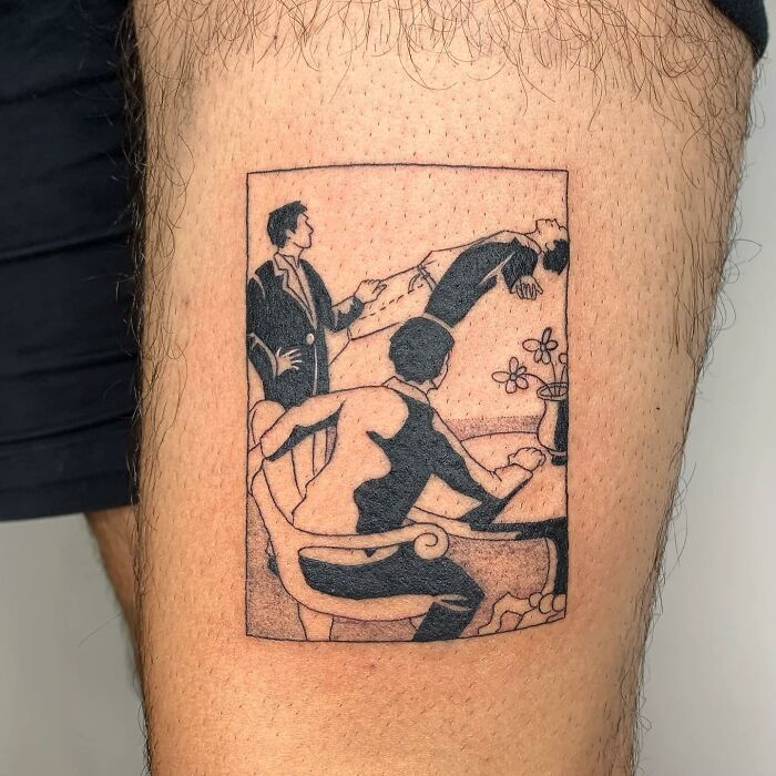 Tattoo de Reena Wu Personnage en léviation devant deux autres hommes