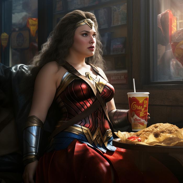 Wonder Woman imaginée en version obèse par une IA.