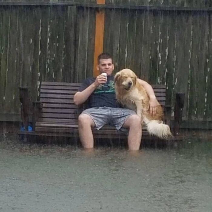 un homme avec son chien sous la pluie