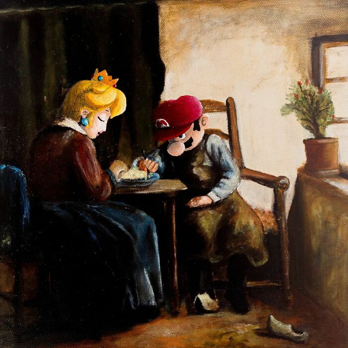 Peinture ancienne avec Mario et Peach