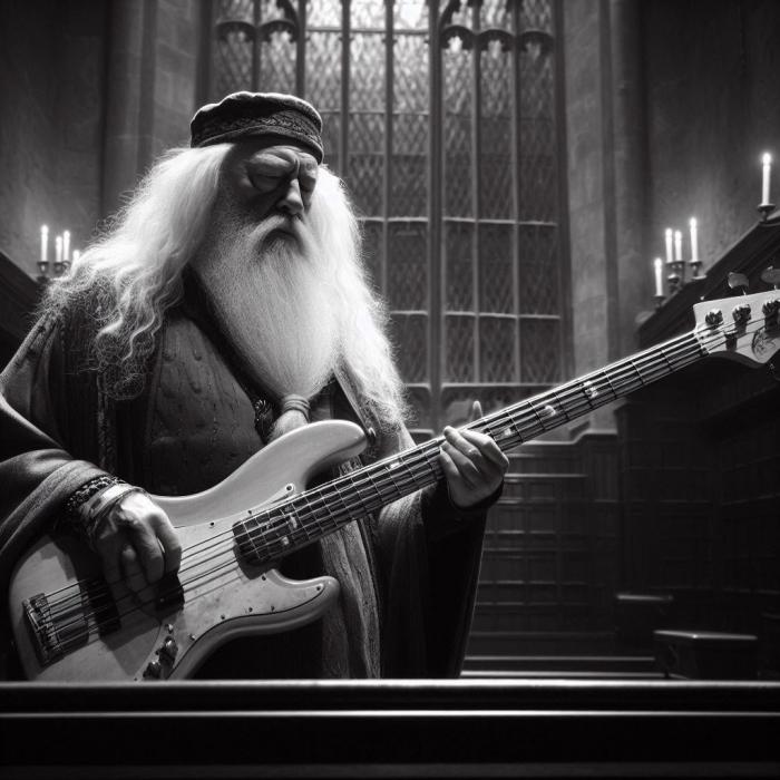 Albus Dumbledore avec une basse électrique