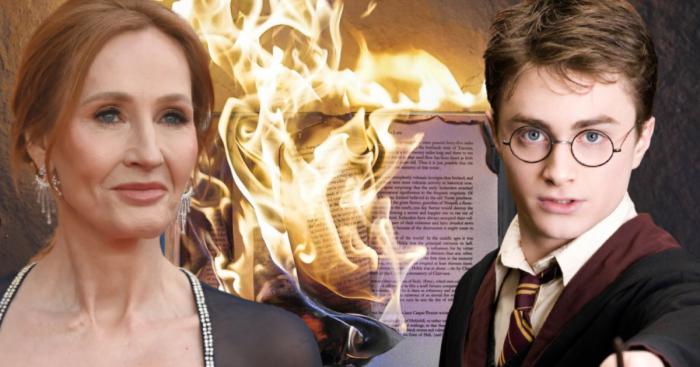 J.K. Rowling et Harry Potter devant un livre qui brûle