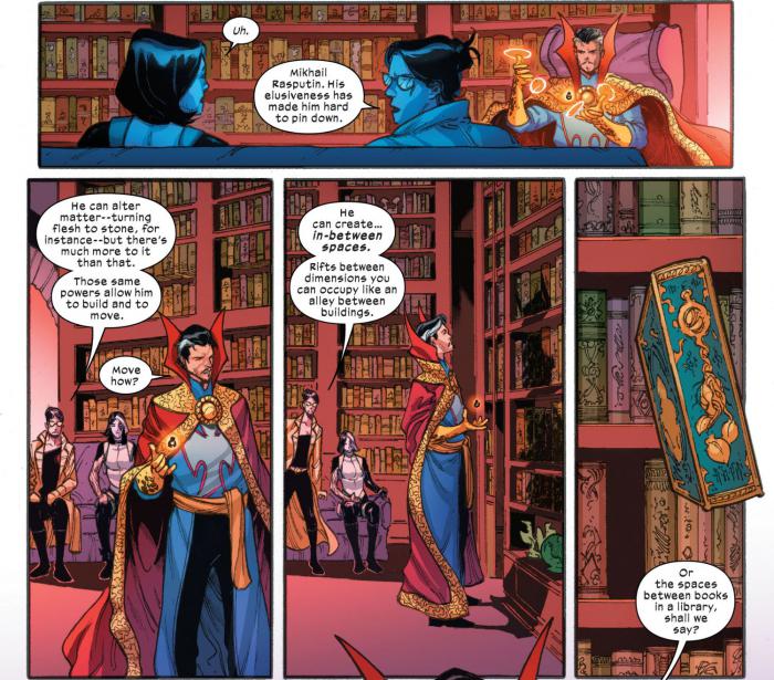 Domino et Sage demandant des explications à Doctor Strange au sujet de Mikhail Rasputin.