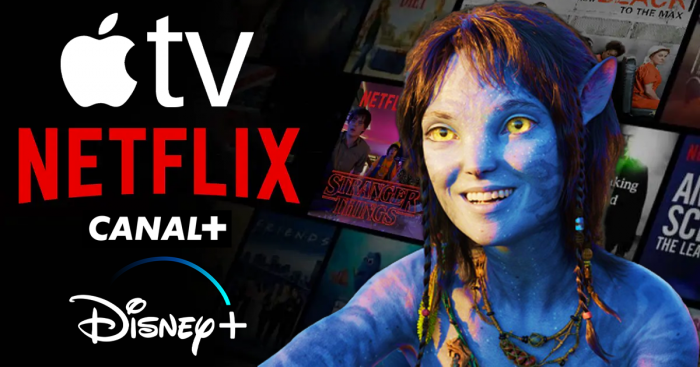 Kiri du film Avatar 2 et les logos des différentes plateformes de streaming