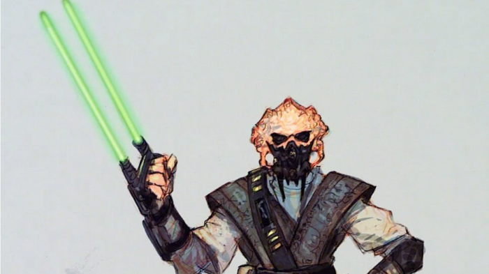 Star Wars Revenge of the Sith Plo Koon concept art twin-bladed lightsaber gauntlet.