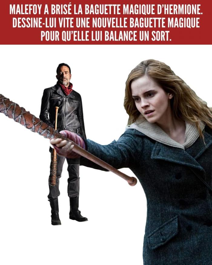 Hermione qui tient la baguette de Negan dans The Walking Dead