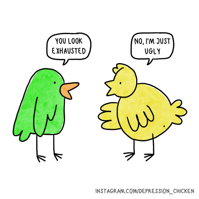 Depression Chicken avec un oiseau vert