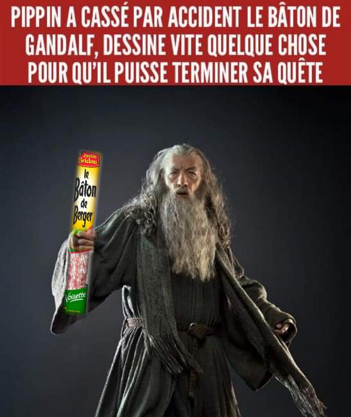 Gandalf qui tient un saucisson Justin Bridou