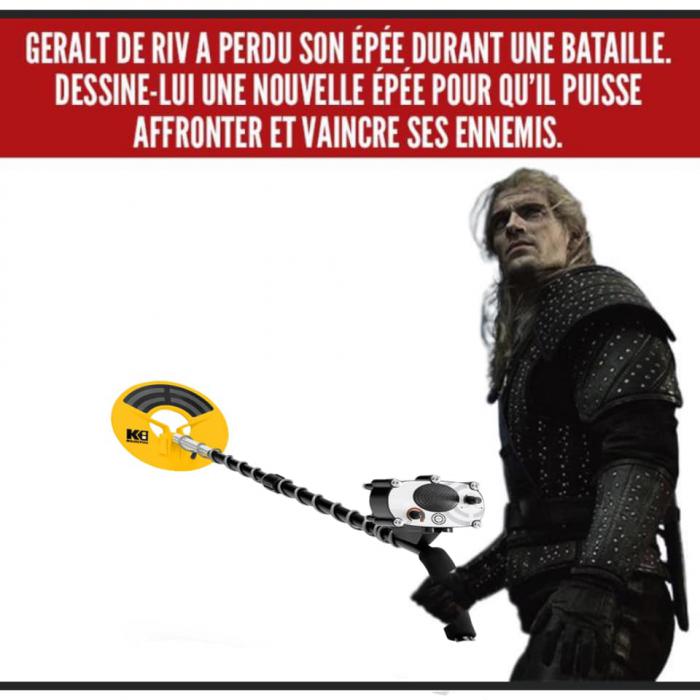 Geralt qui tient un détecteur