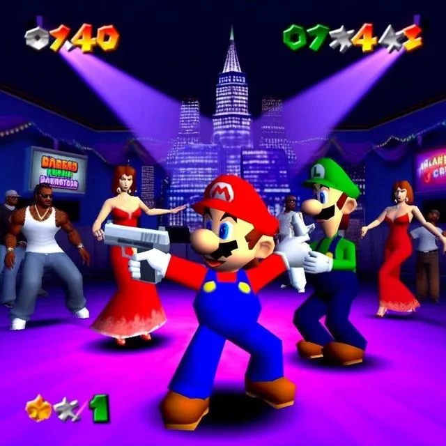 Mario danse avec une arme dans un club
