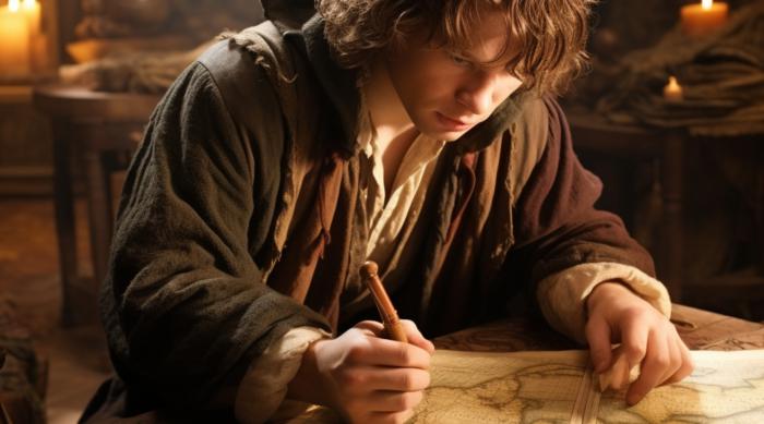 meriadoc brandybuck studying a map of the middle earth lotr