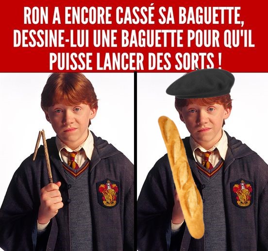 Ron Weasley qui porte un beret et une baguette de pain