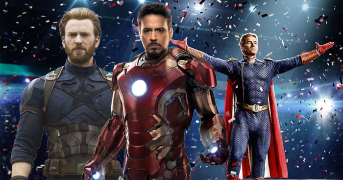 Chris Evans en Captain America, Robert Downey jr en Iron Man et Antony Starr en Homelander