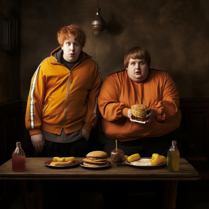 Fred et George Weasley recréés en version obèse par une IA.