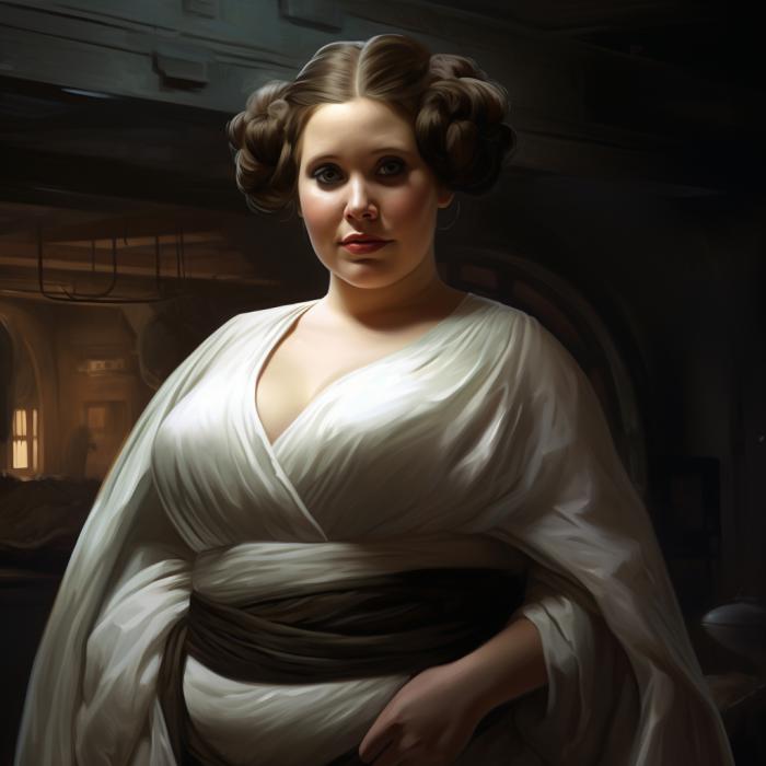 Leia Organa recréée en version obèse par une IA.