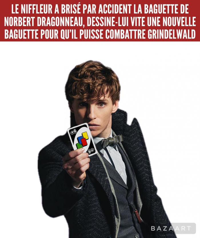 Norbert Dragonneau avec une carte Uno +4