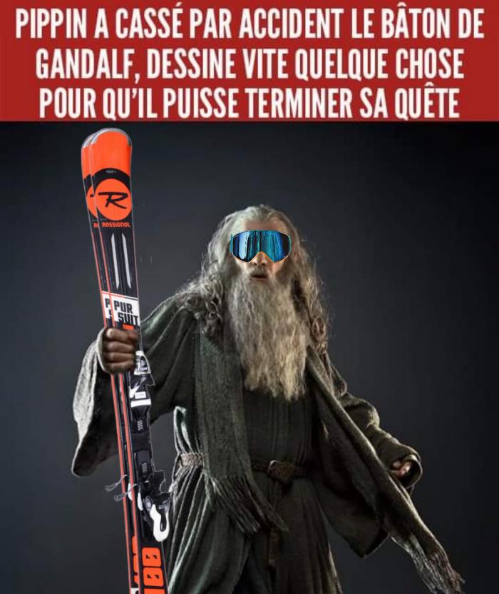 Gandalf avec des lunettes et des skis