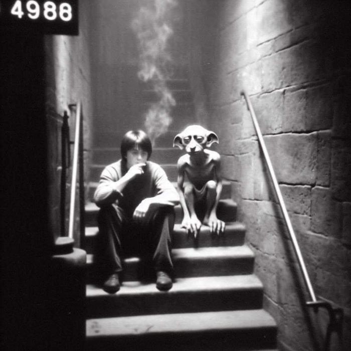 Harry Potter et Dobbie en train de fumer