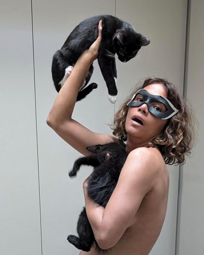 Halle Berry avec deux chats dont l