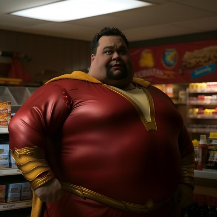 Shazam recreated in obese version by an AI.