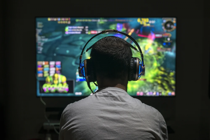 a gamer with his back in front of his screen 