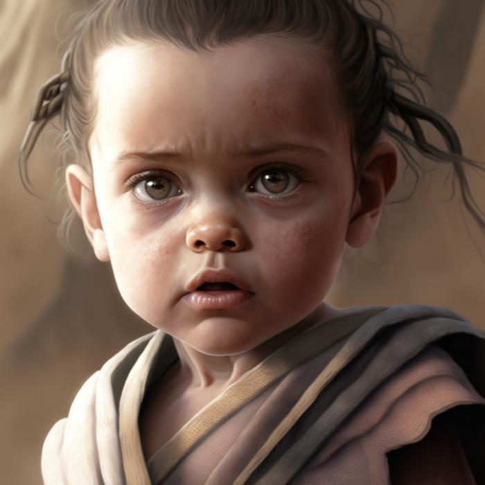 Rey Skywalker de Star Wars recréé en version bébé par une IA.