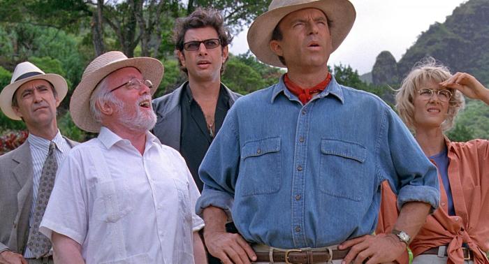 Sam Neill, Jeff Goldblum et Laura Dern dans Jurassic Park