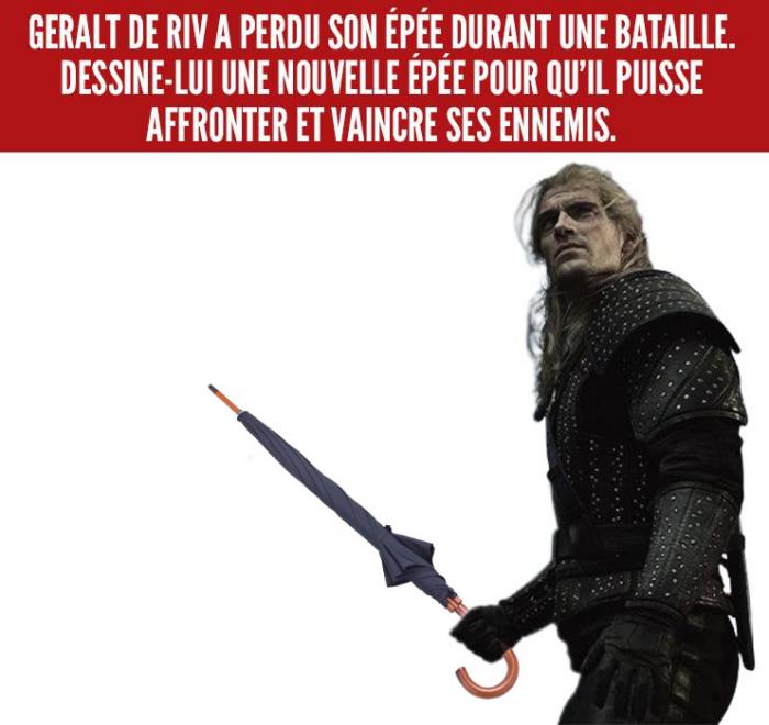 Geralt qui tient un parapluie
