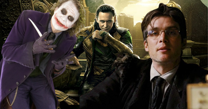 Heath Ledger en Joker, Tom Hiddleston en Loki et Cillian Murphy en Jonathan Crane alias l