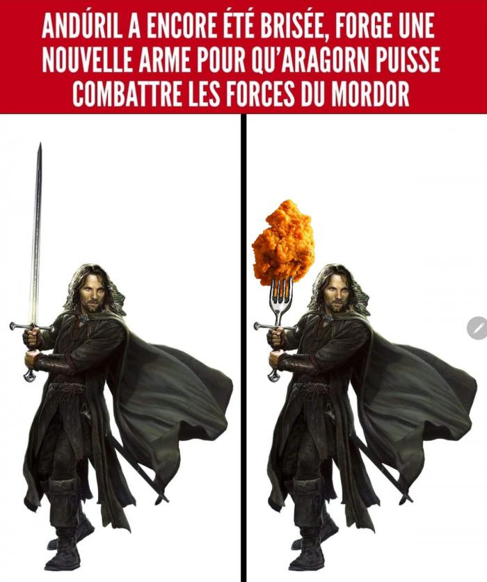 Aragorn avec un morceau de poulet
