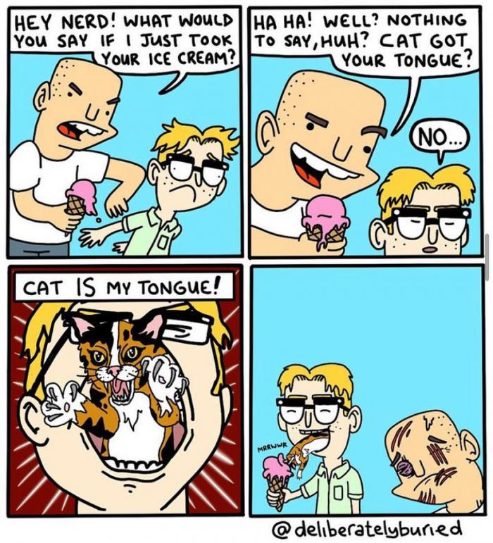 un garçon qui mange un chat