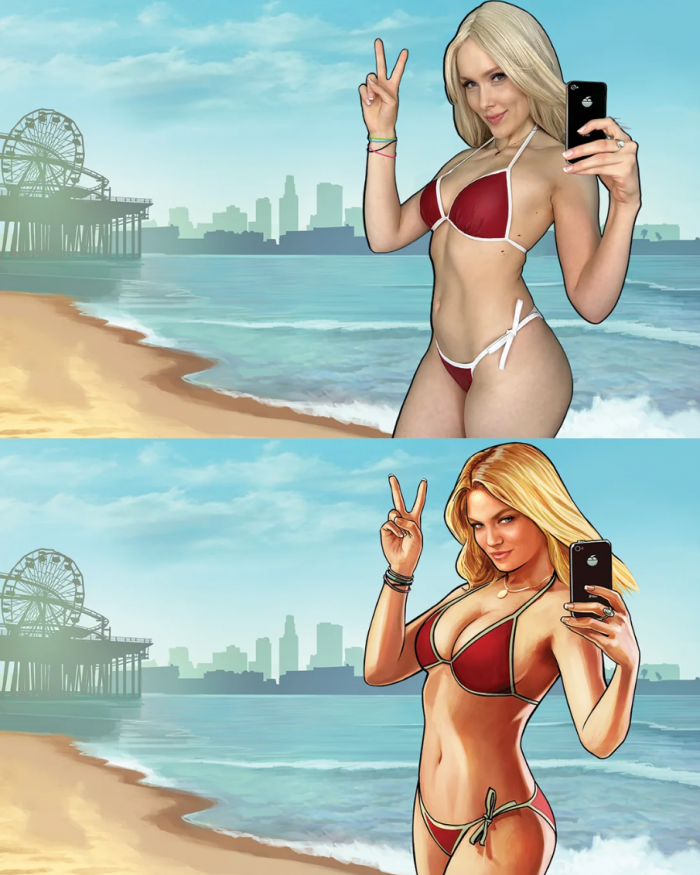 cosplay Rockstar GTA V blonde en bikini