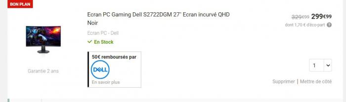 Moniteur de jeu incurvé Dell 27 pouces avec taux de rafraîchissement de 165  Hz, écran QHD (2560 x 1440), noir - S2722DGM 