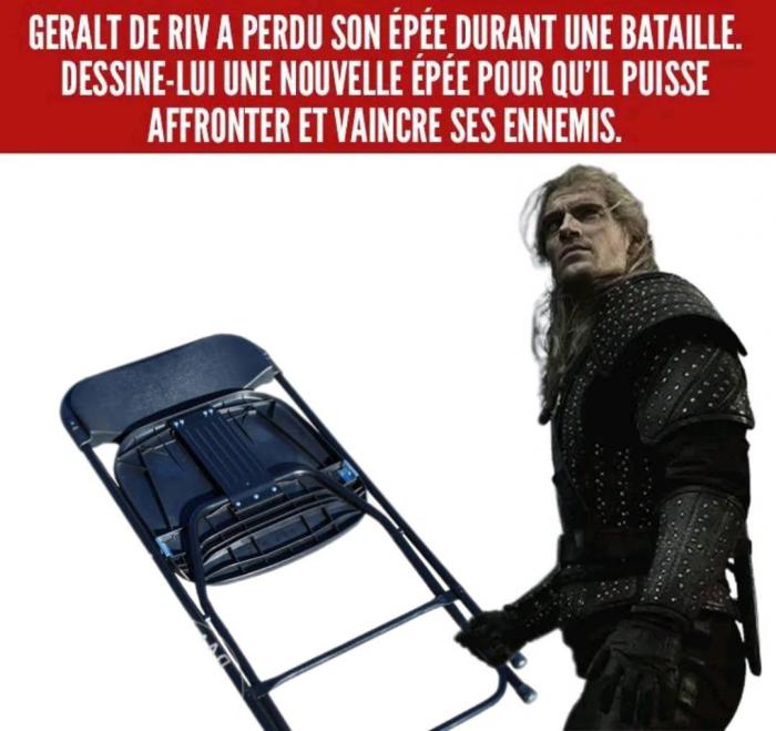 Geralt qui tient une chaise