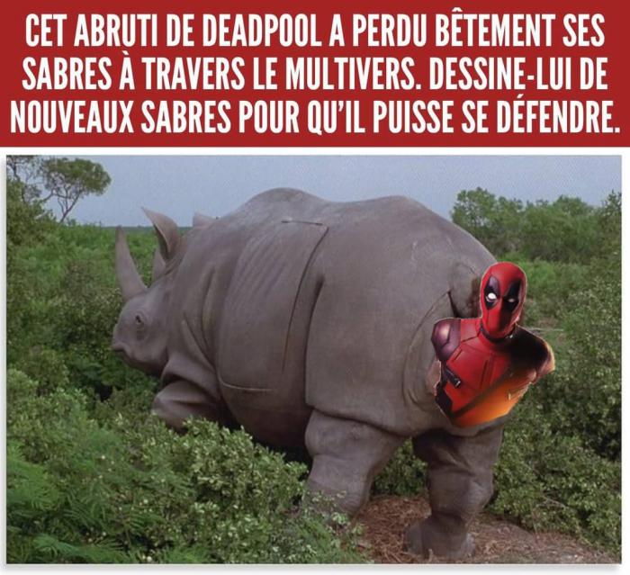 Deadpool dans un rhinocéros comme dans Ace Ventura en Afrique avec Jim carrey