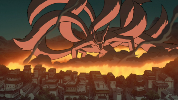 Kyubi détruisant Konoha dans Naruto