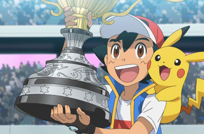 Sacha et Pikachu remportant la Ligue Pokémon.