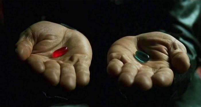 Pilule rouge et bleue dans Matrix