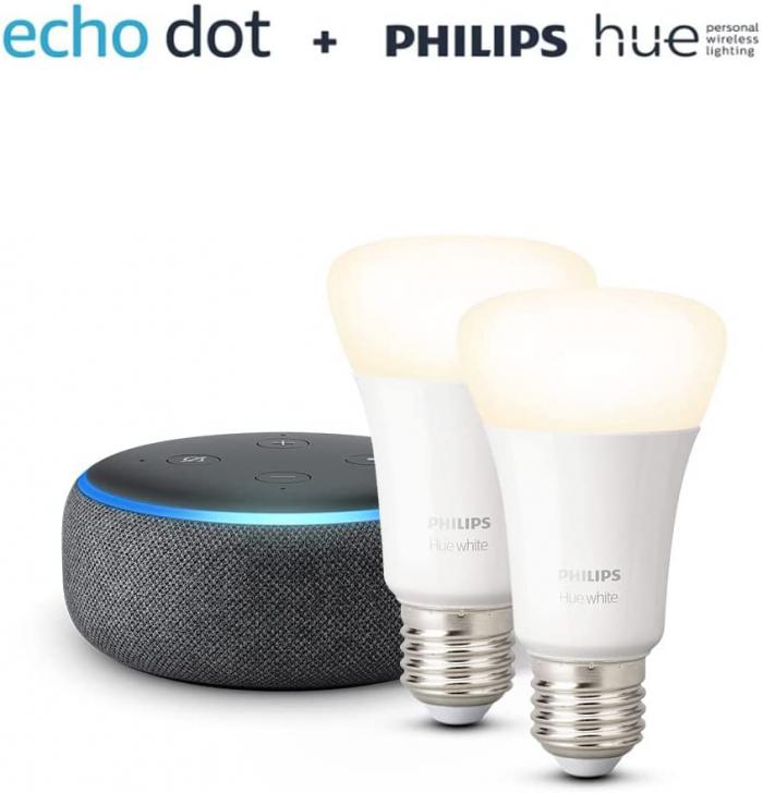 Le pack 2 ampoules Philips Hue E27 White + Echo Dot 3 est à bas prix