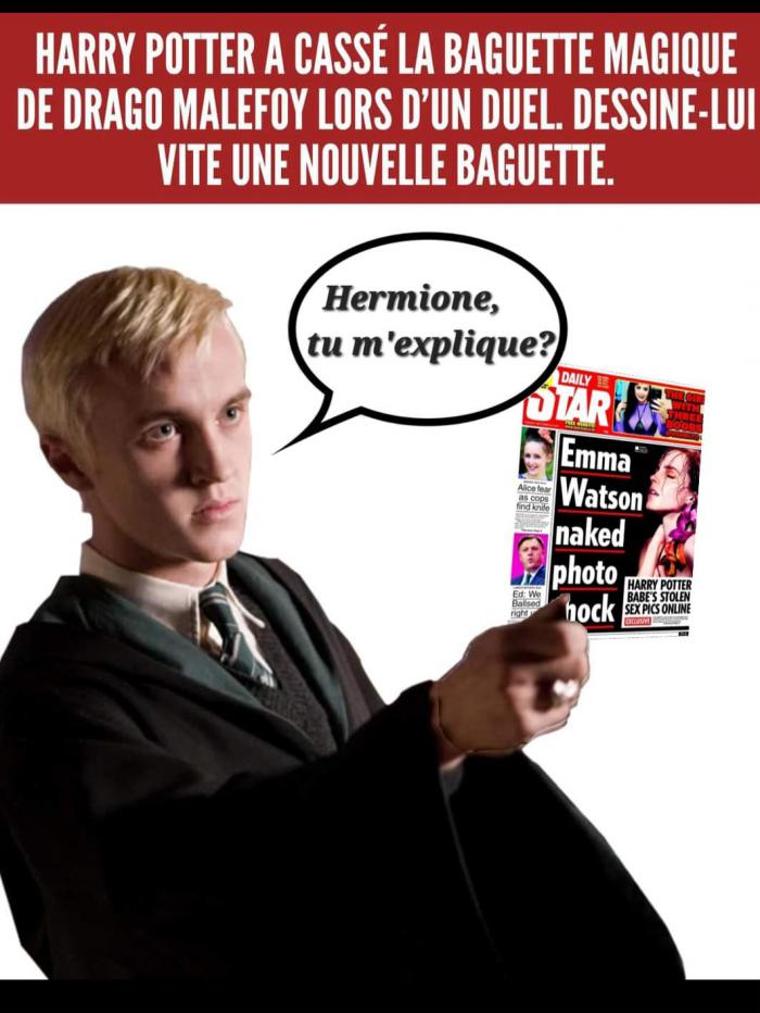 Drago Malefoy qui lit un magazine à scandale avec Hermione en couverture