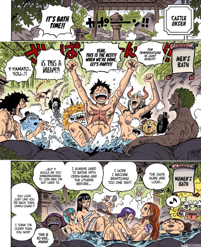 Luffy et son équipage en train de prendre un bain.