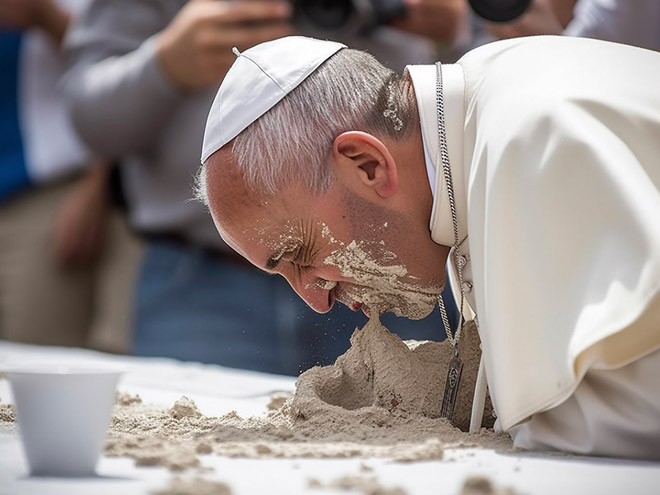 Pape  en train de manger du béton